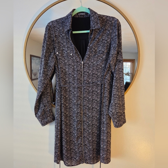 Express Black & White Classic Shirt Dress Long Sleeve Zip Front Tie Waist Small - Picture 6 of 15